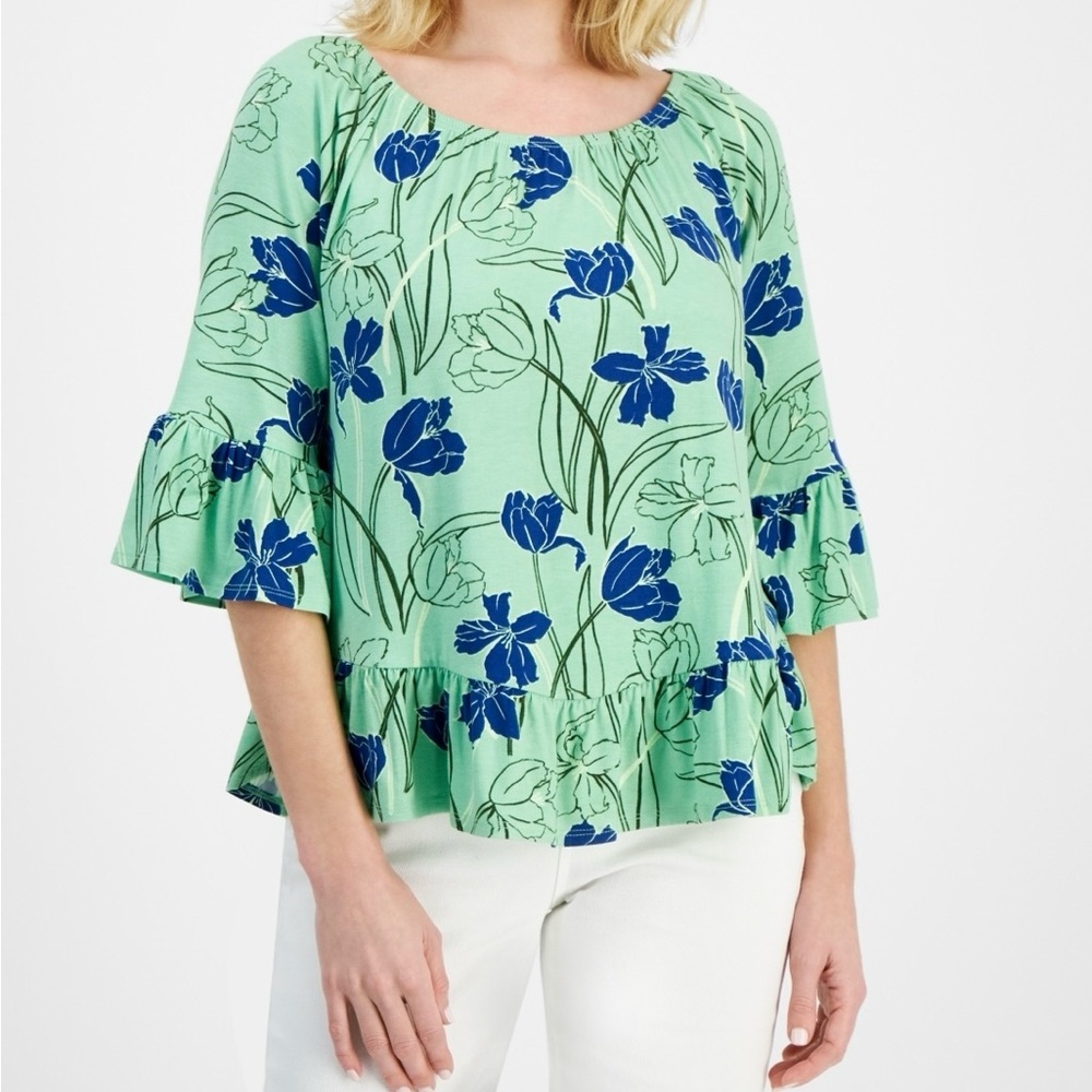 Style & Co Petite Tulip Menagerie on/Off Top Size PS